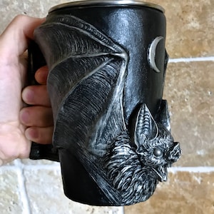 Vampire Bat Mug | Hand Sculpted Resin Gothic Art Mug with Stainless Steel Liner| Spooky Bat Mug, Halloween Gift and Gothic Home Decor