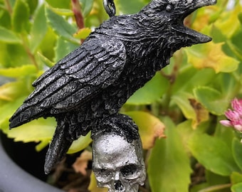 Raven Perched on Skull Ornament | Unique Gothic Home Decor | Resin Sculpture Poe&#39;s Raven, Literary Ornament Gift and Gothic Holiday Decor