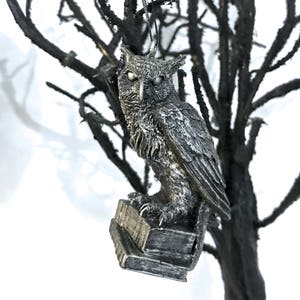 Horned Owl: Witch’s Familiar Ornament, Hand Painted Resin Sculpture | Pagan Folklore Owl Figurine | Witchy Ornament for Gothic Holiday Decor