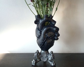 Anatomical Heart Vase, Black Finish | Unique Gothic Home Decor | Resin Sculpture Flower Vase, Medical Gift and Gothic Home Decor