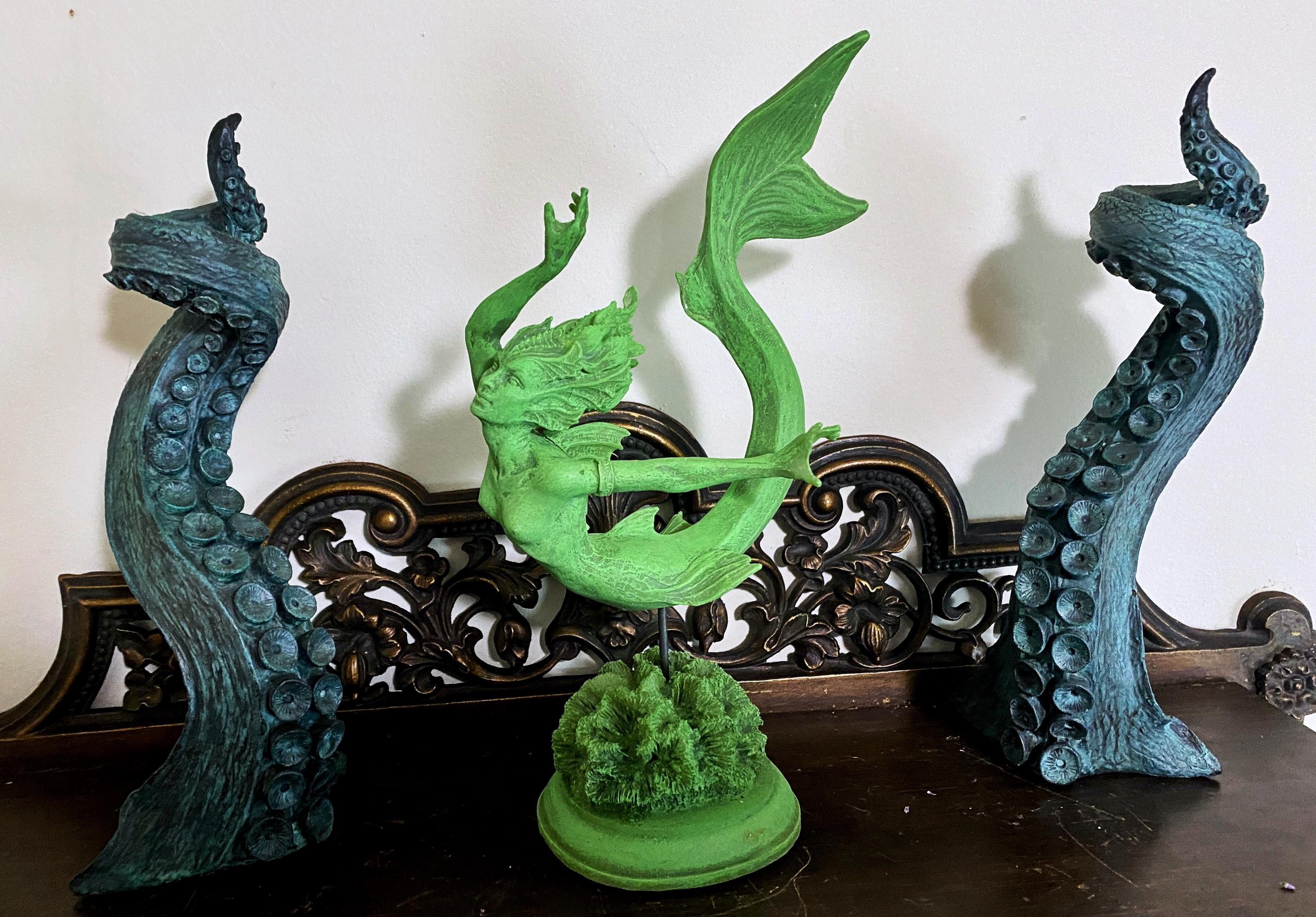 Mermaid Statue, Hand Painted Resin Sculpture, Jade Finish