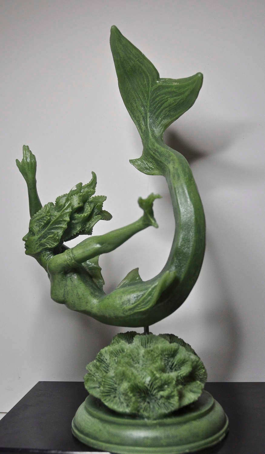 Mermaid Statue, Hand Painted Resin Sculpture, Jade Finish