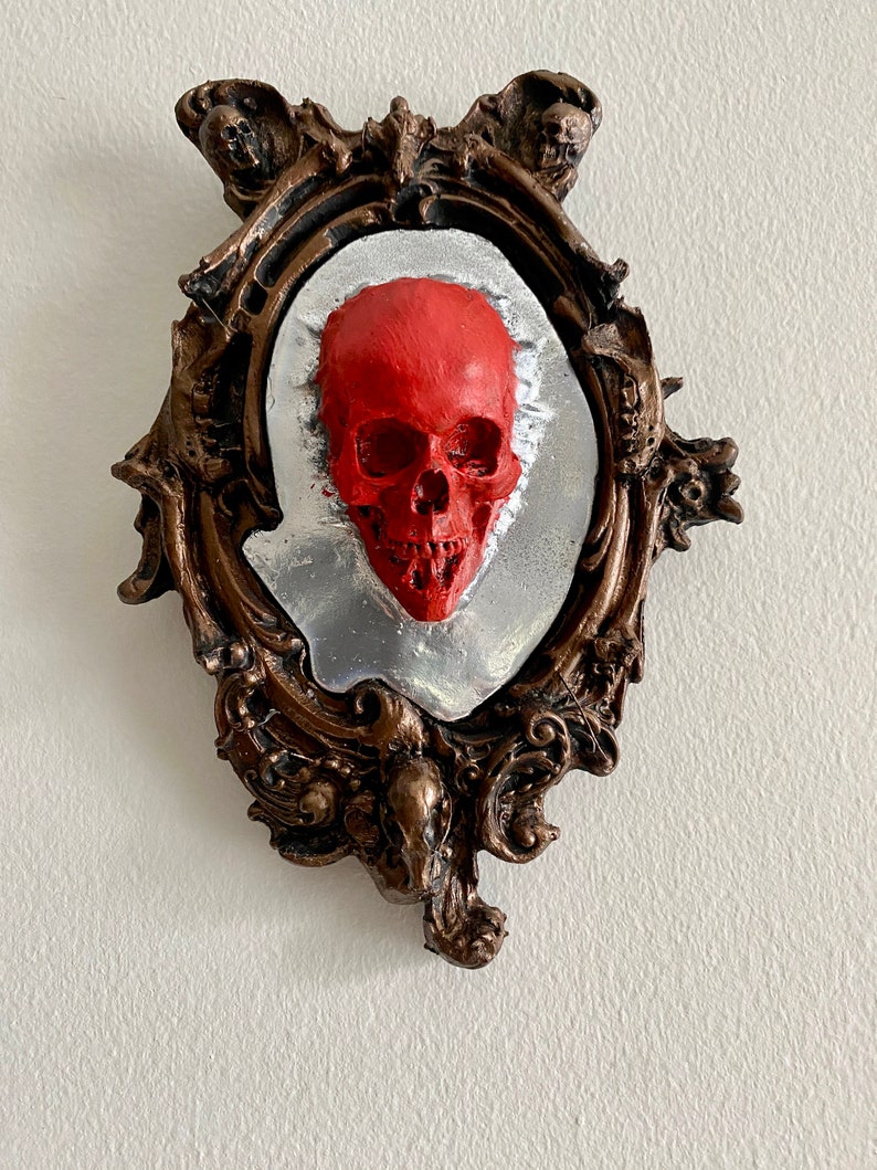 Spectral Skull Wall Plaque, Blood Red, Resin Victorian Gothic Haunted Wall Art Ghost Skull in Mirror for Halloween, Spooky Home Decor image 4