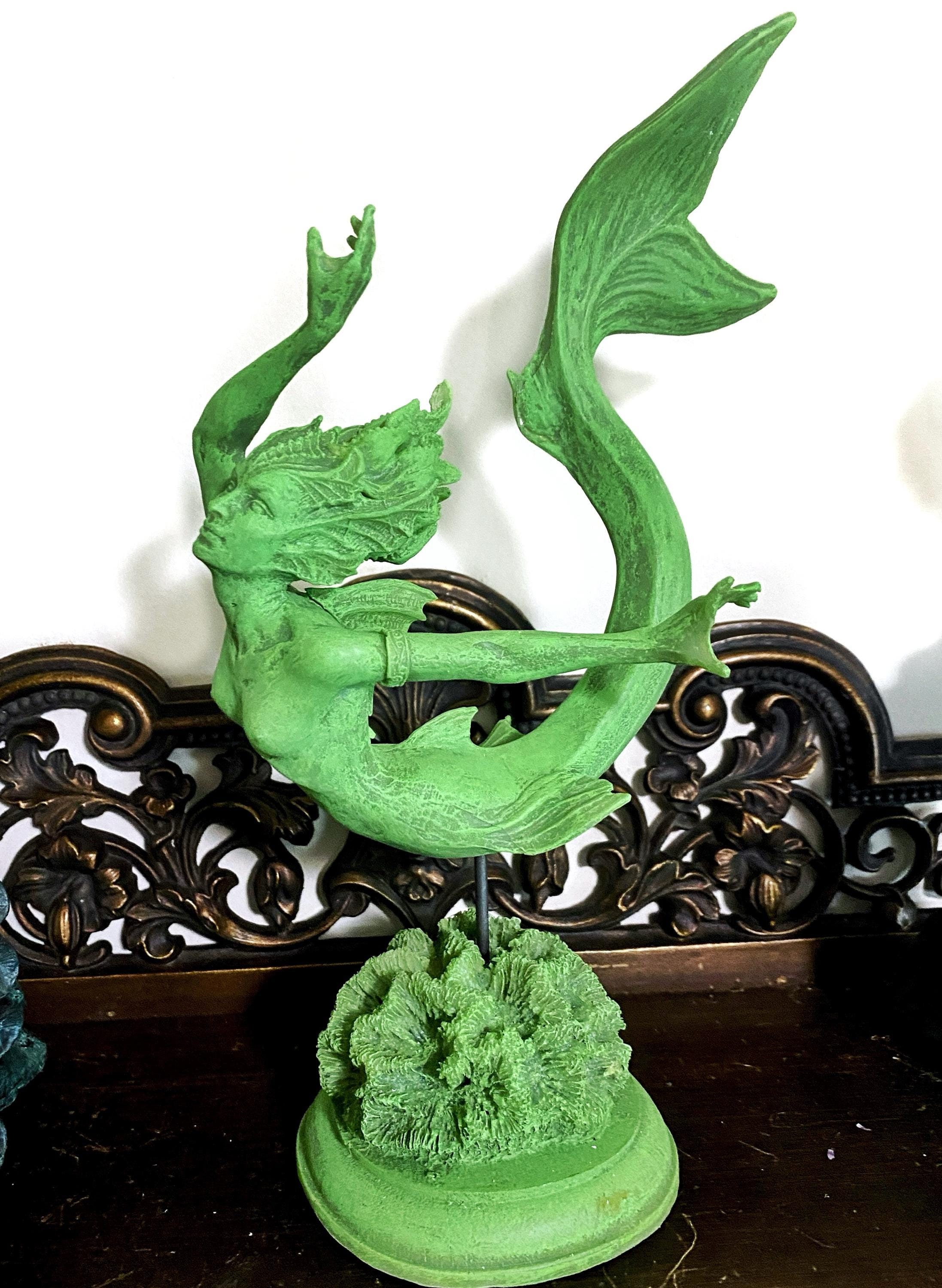 マーメイド置物 Mermaid Statue, Hand Painted Resin Sculpture, Jade Finish