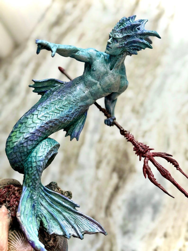 Merman/ Triton Statue, Full Color Resin Sculpture | Mythical Creature ...