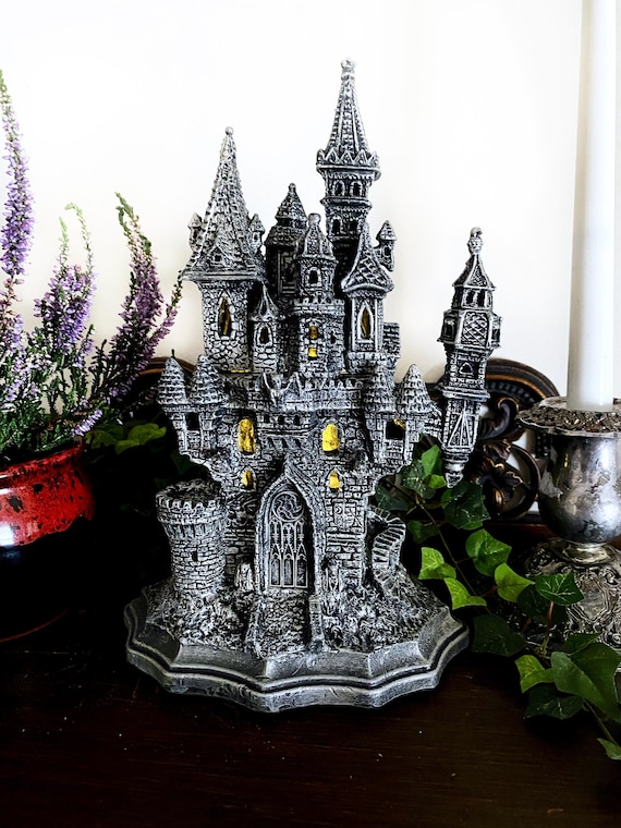 Castle Dracula, Gothic Hand Painted Resin Sculpture with LED Tea 