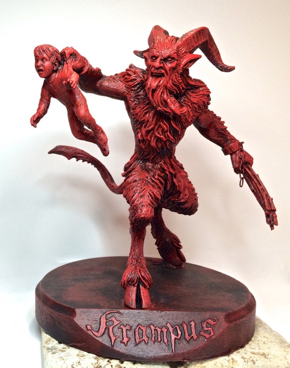 Krampus III Statue, Hand Painted Resin Sculpture, Red Finish