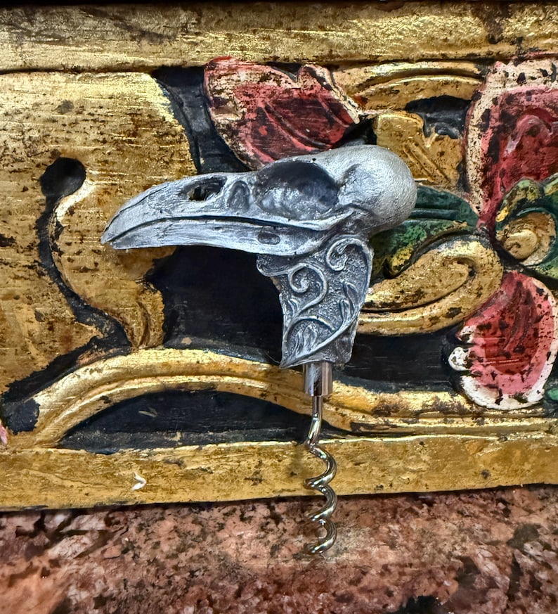 Raven Skull Corkscrew, Hand Sculpted Resin | Gothic Art Barware | Raven Crow Skull Cork Screw, Gothic Wine Gift and Home Decor image 2