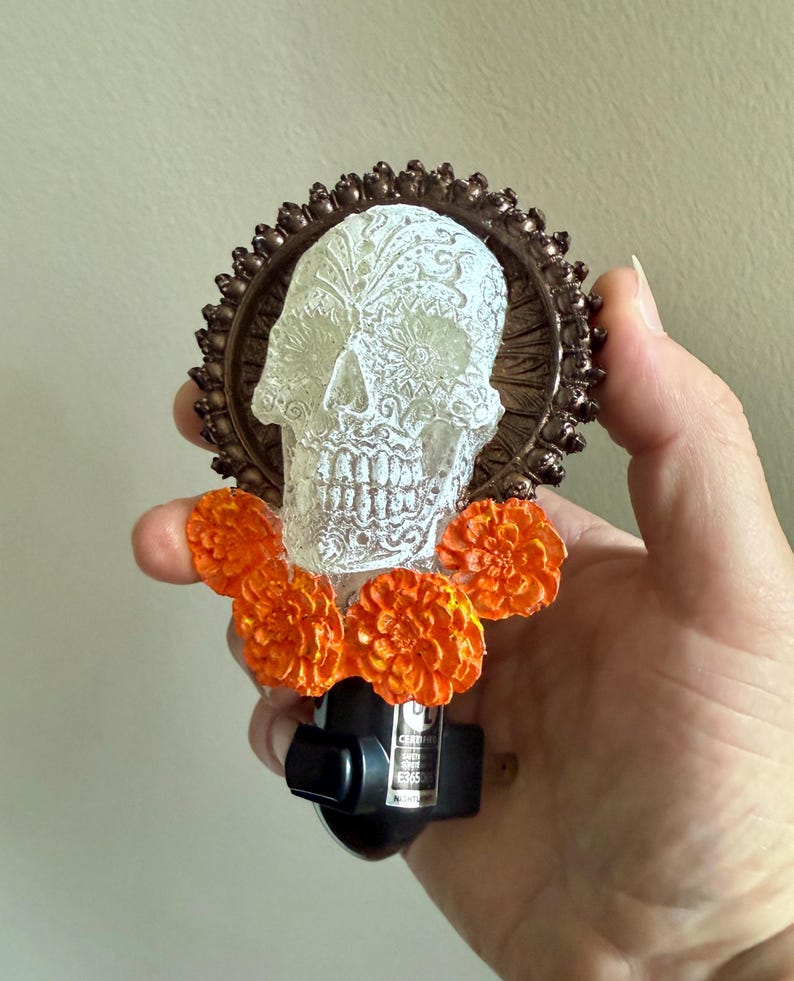 Dia de los Muertos Nightlight, Hand Painted Resin Sculpture | Gothic Skull Light | Day of the Dead Lighting for Gothic Fantasy Home Decor image 3