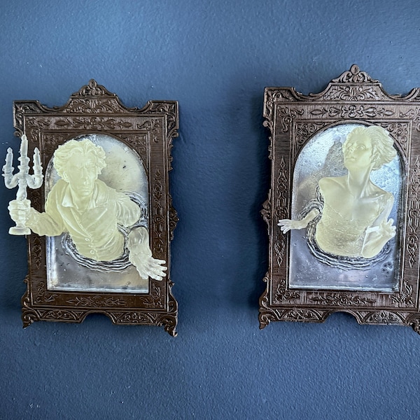 Ghost in the Mirror Wall Plaque Pair, Glow in the Dark Resin | Victorian Gothic Haunted Art |  Gift for Halloween and Spooky Home Decor