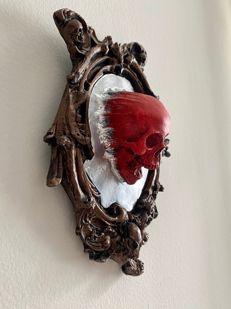 Spectral Skull Wall Plaque, Blood Red, Resin Victorian Gothic Haunted Wall Art Ghost Skull in Mirror for Halloween, Spooky Home Decor image 2
