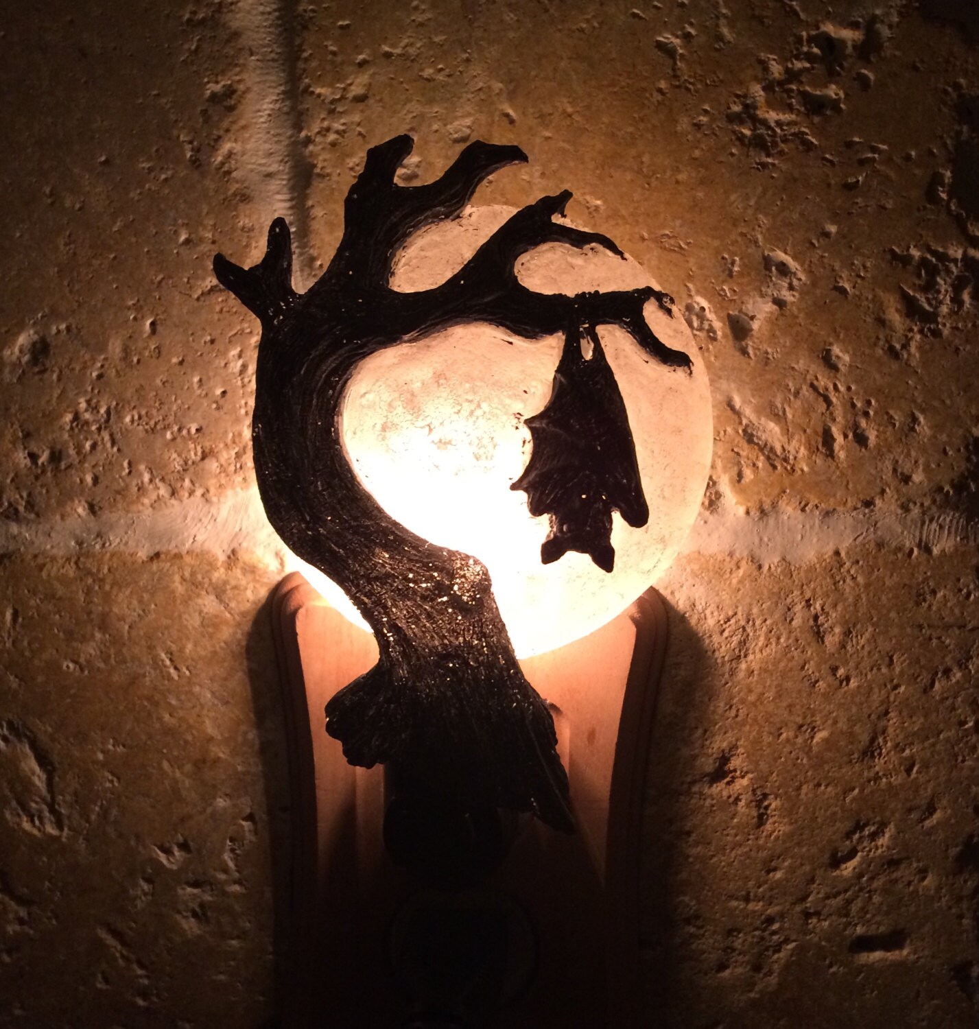 Hanging Bat Nightlight, Hand Painted Resin Sculpture | Victorian Gothic Night Light |  Bat and Moon Lighting for Gothic Fantasy Home Decor
