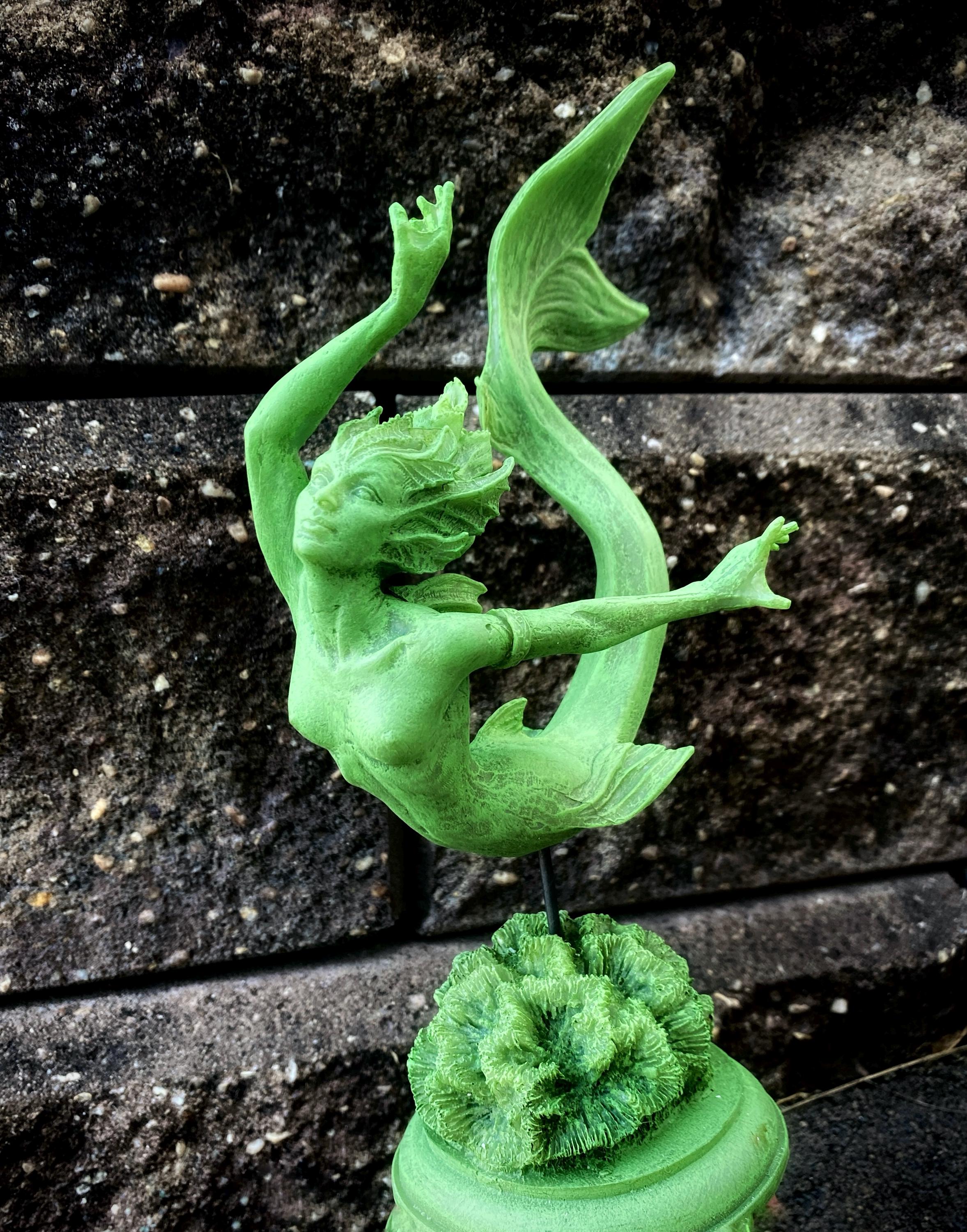 Mermaid Statue, Hand Painted Resin Sculpture, Jade Finish