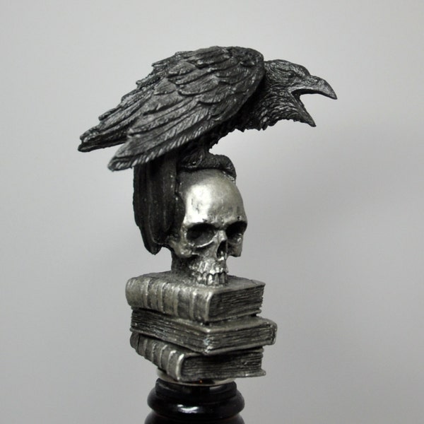 Raven Winestopper, Hand Sculpted Resin, Gothic Art Barware |Poe’s Raven with Skull and Books Bottle Stopper |Gothic Wine Gift and Home Decor