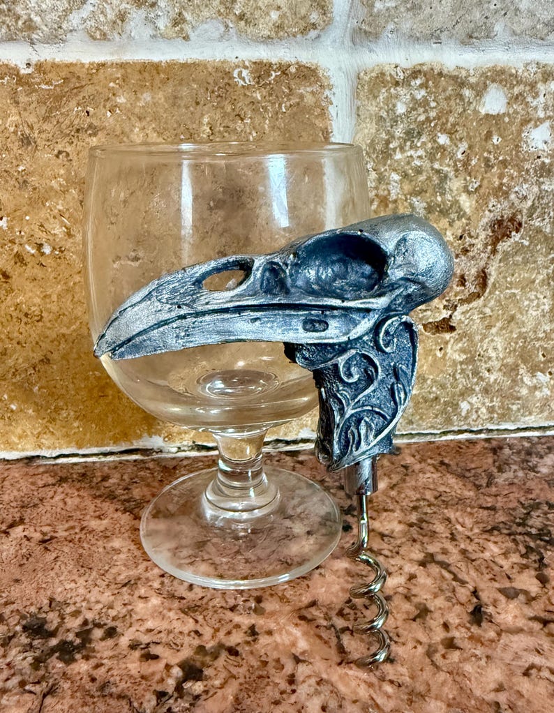 Raven Skull Corkscrew, Hand Sculpted Resin | Gothic Art Barware | Raven Crow Skull Cork Screw, Gothic Wine Gift and Home Decor image 6