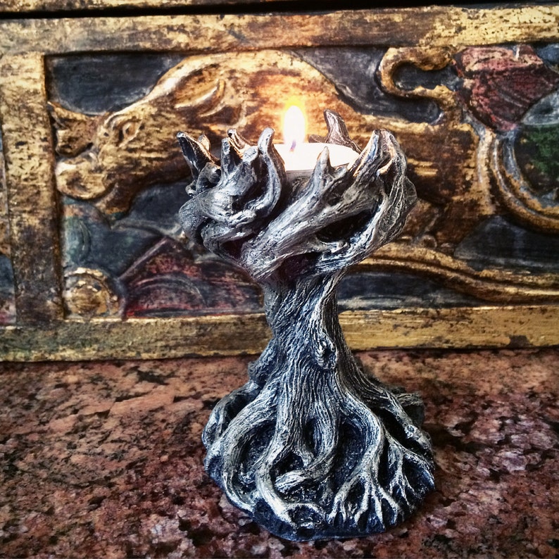 Yggdrasil the World Tree Tealight Holder, Pewter Finish image 1