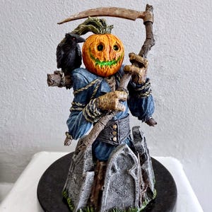 Jack-O’Lantern Scarecrow Bust, Full Color Resin Statue | Pumpkin Reaper with Scythe & Crow | Halloween Gothic Decor | Creepy Figurine Gift