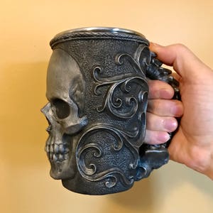 Necromancer Skull Mug, Hand Sculpted Resin Gothic Art Mug with Stainless Steel Liner| Spooky Skull Mug, Halloween Gift and Gothic Home Decor