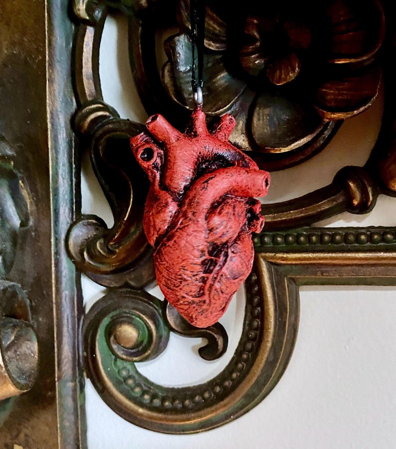 May include: A red anatomical heart pendant hanging from a black cord. The heart is detailed with realistic features and is hanging from an ornate, gold-colored metal frame.