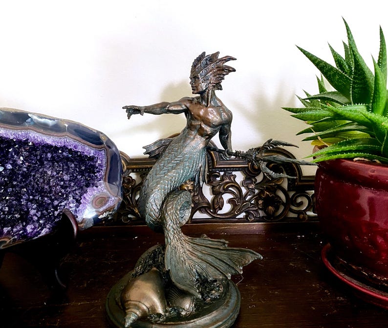 Merman/ Triton Statue, Hand Painted Resin Sculpture Mythical Creature