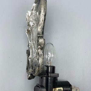 May include: A silver skeleton night light with a black plug-in base and an on/off switch. The light is shaped like a skull with a decorative design. The light is UL listed.