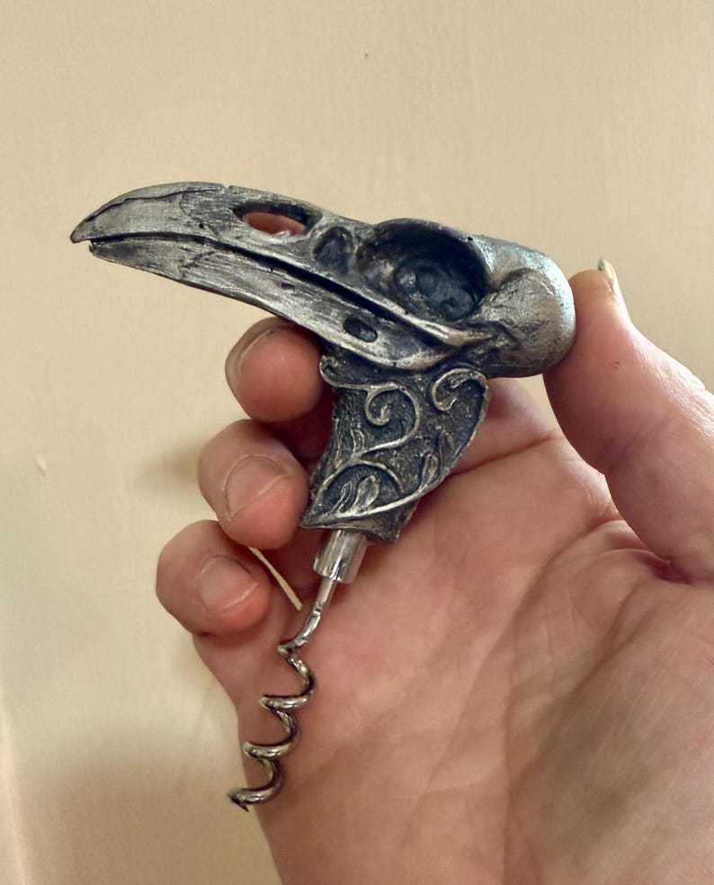Raven Skull Corkscrew, Hand Sculpted Resin | Gothic Art Barware | Raven Crow Skull Cork Screw, Gothic Wine Gift and Home Decor image 4