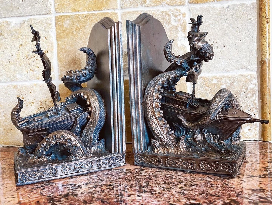 Kraken Bookends – Nautical Sea Monster Attacking Ship | Pirate