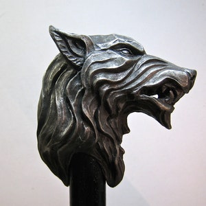 Wolf Head Cane, Hand Sculpted Walking Stick | Medieval Gothic Cane | Fantasy Cosplay Direwolf Cane, Gothic Gift and Gamer Accessory