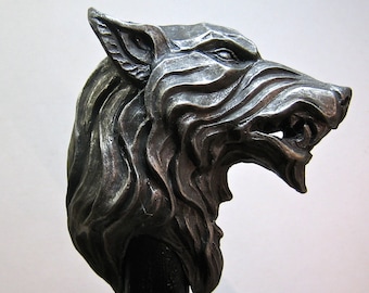 Wolf Head Cane, Hand Sculpted Walking Stick | Medieval Gothic Cane | Fantasy Cosplay Direwolf Cane, Gothic Gift and Gamer Accessory