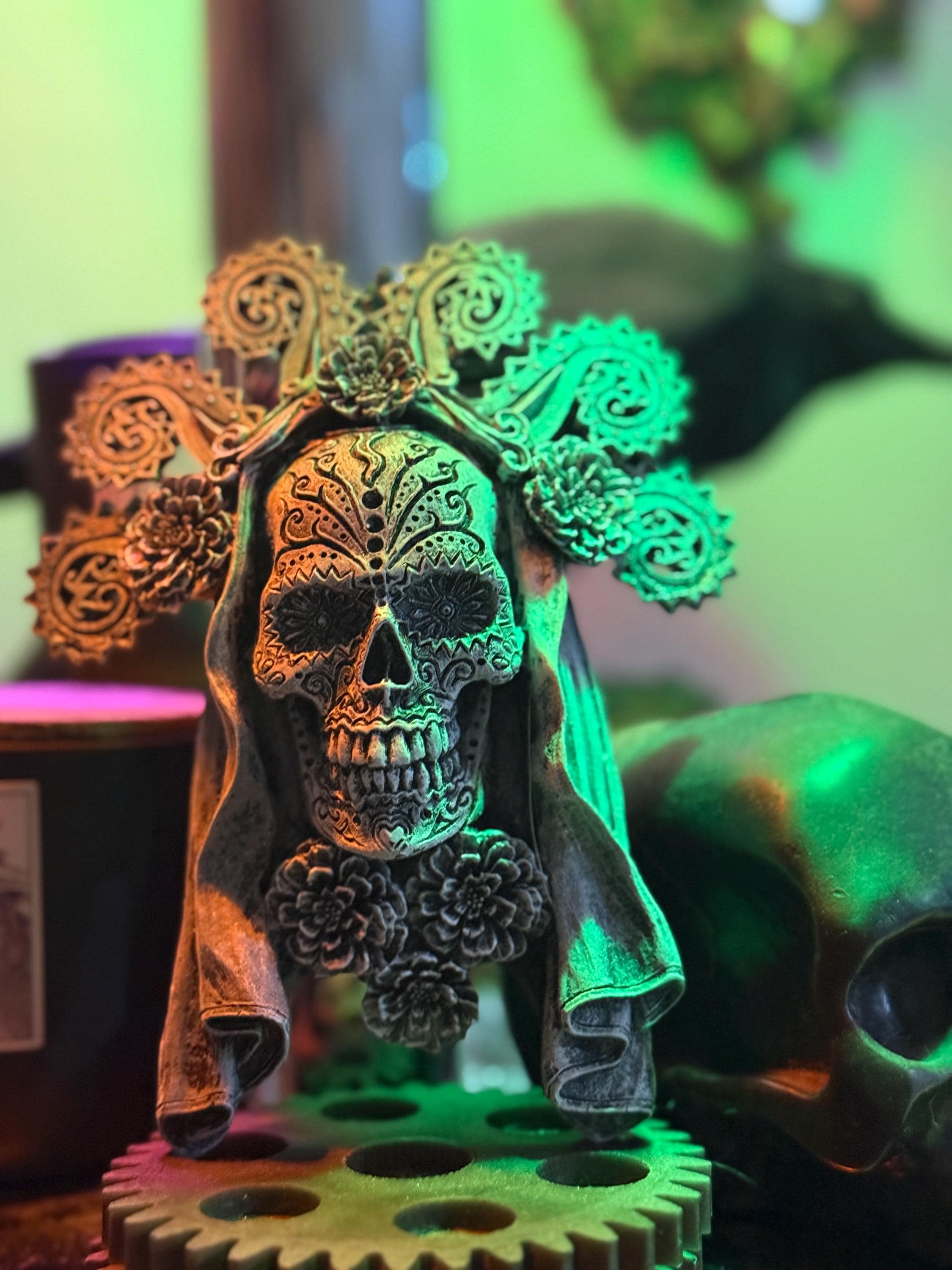 No.5205 Death 壁掛け ホラー デコレーション スカル グリーン Dia De Los Muertos Wall Plaque, Hand Painted Resin | Mexican