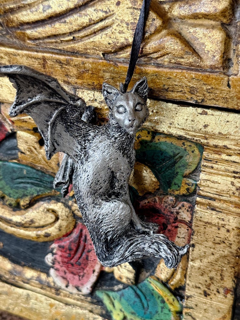 Fairy Cat: Witch’s Familiar Ornament, Hand Painted Resin Sculpture | Pagan Folklore Cat Figurine | Witchy Cat Art for Gothic Holiday Decor image 2