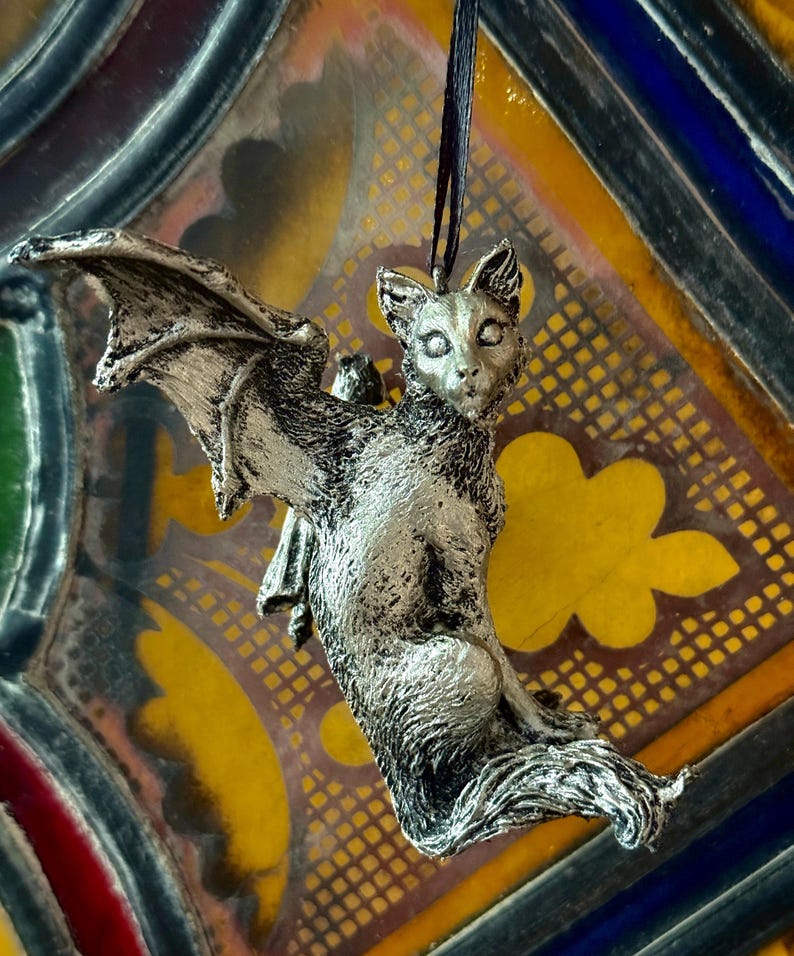 Fairy Cat: Witch’s Familiar Ornament, Hand Painted Resin Sculpture | Pagan Folklore Cat Figurine | Witchy Cat Art for Gothic Holiday Decor image 4