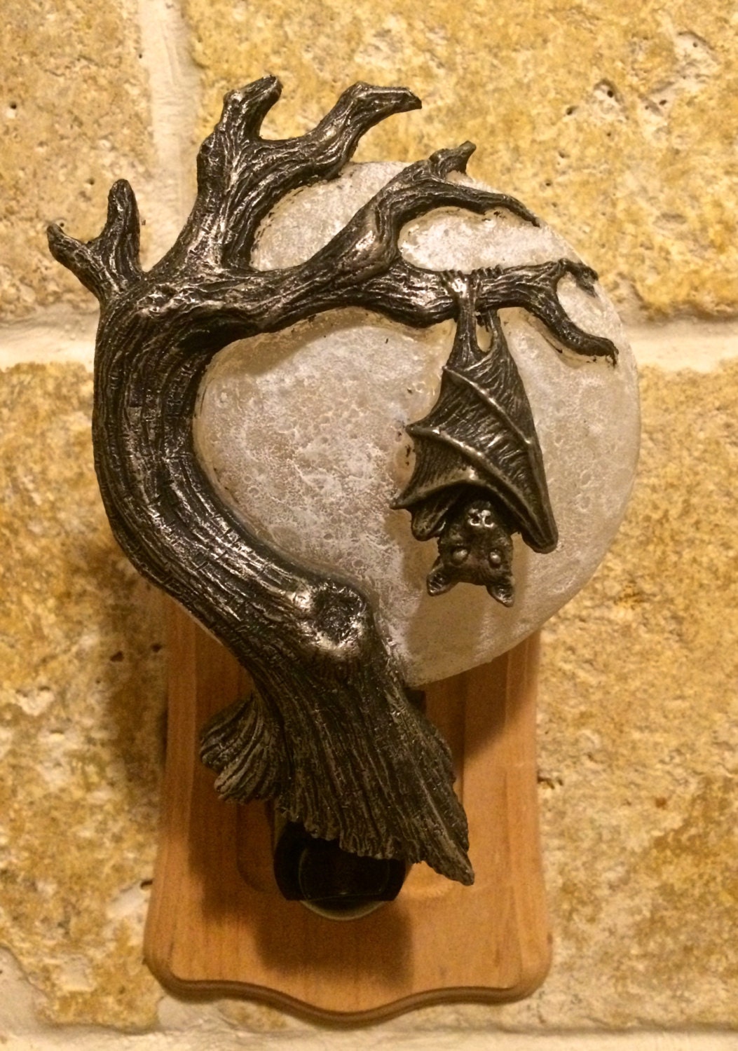 Hanging Bat Nightlight, Hand Painted Resin Sculpture | Victorian Gothic Night Light |  Bat and Moon Lighting for Gothic Fantasy Home Decor
