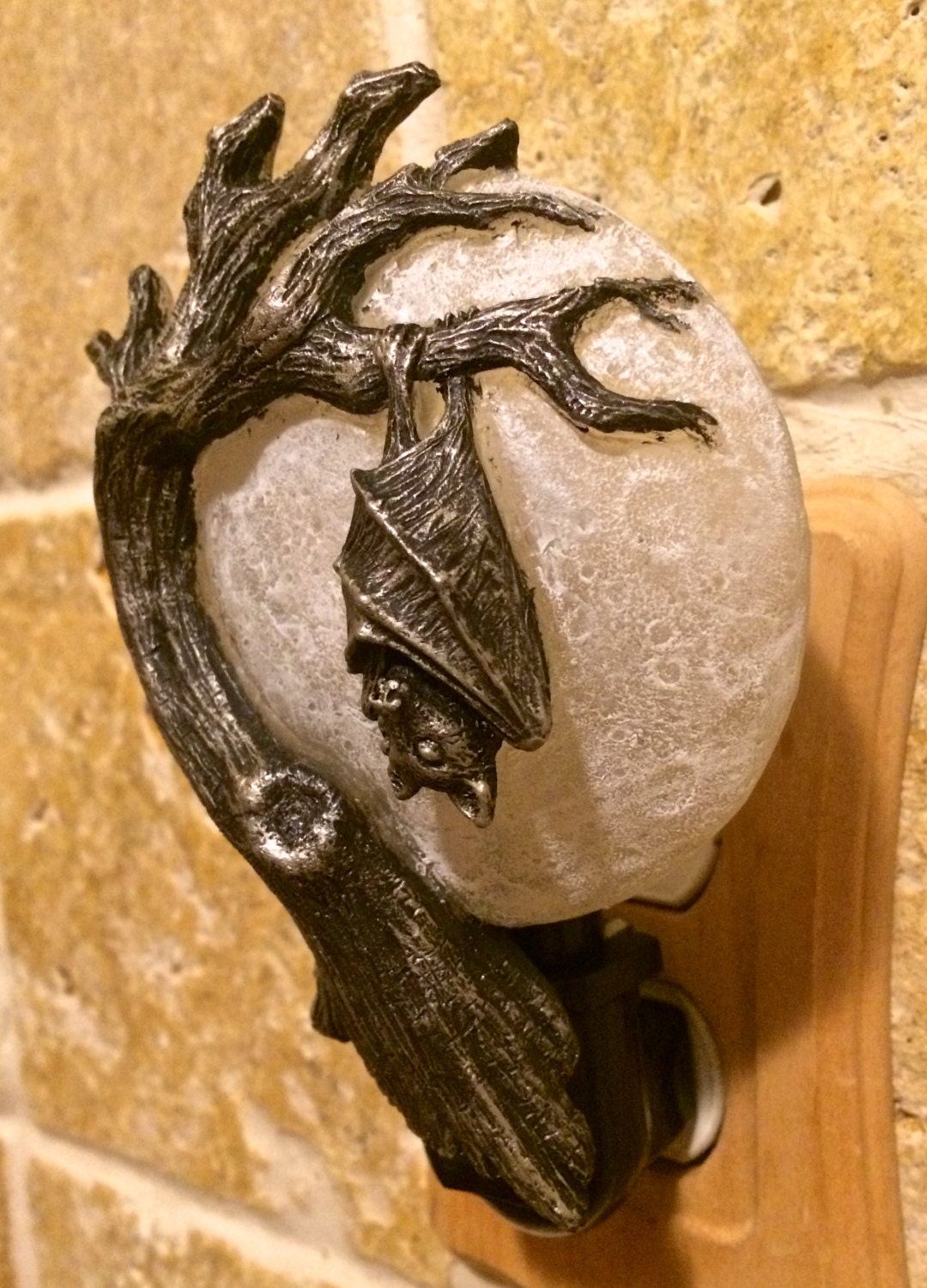 Hanging Bat Nightlight, Hand Painted Resin Sculpture | Victorian Gothic Night Light |  Bat and Moon Lighting for Gothic Fantasy Home Decor