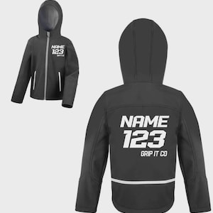 May include: Black hooded jacket featuring white text: "NAME 123 GRIP IT CO." The jacket has a full zip, a hood, and a reflective stripe at the lower back. The jacket is shown from the front and back.