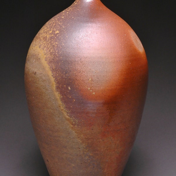 Beautiful Wood Fired Bottle with Side Wadding Marks, Shino Liner, and Brown, Orange, and Gray Flashing