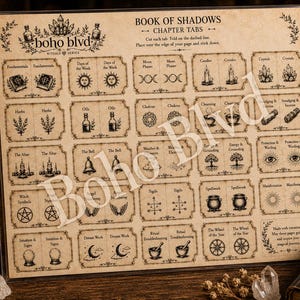 May include: A beige sheet of paper featuring Book of Shadows chapter tabs with black ink illustrations and text. The grid includes labels like Fundamentals, Moon Phases, Candles, Crystals, Herbs, Oils, Chakras, Cleansing, and Smudging.