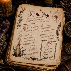 May include: A stack of aged paper pages with the title "Master Page" and decorative illustrations. The text describes the beginning of magickal workings, with sections for personal details and intentions. A lit candle and other mystical items surround the book.