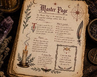 May include: A stack of aged paper pages titled "Master Page" with illustrations. The text describes the beginning of magickal workings, with sections for personal details and intentions. A lit candle and other mystical items surround the book, creating a mystical theme.