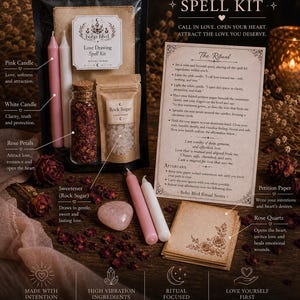 May include: A Love Drawing Spell Kit with pink and white candles, rose petals, rock sugar, and a rose quartz crystal. The kit includes instructions and is designed to attract love and open the heart.