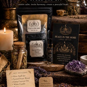 May include: A "Peace in the Home Spell Jar Kit" with various components, including a glass jar, oil, blend, candle, and instructions. The kit is packaged in black and gold containers, with the words "Peace in the Home" and "boho blvd" visible. The kit is designed to restore calm and invite harmony.