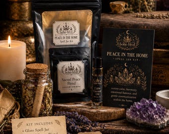 May include: A "Peace in the Home Spell Jar Kit" with a glass jar, oil, blend, candle, and instructions. The kit is packaged in black and gold containers, with the words "Peace in the Home" and "boho blvd" visible. The kit is designed to restore calm and invite harmony.