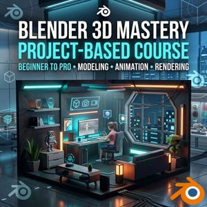 Op de afbeelding: Een afbeelding die een Blender 3D masterclass promoot. De tekst luidt "Blender 3D Mastery Project-Based Course" met de subtekst "Beginner to Pro - Modeling - Animation - Rendering". De afbeelding toont een persoon die op een computer werkt in een futuristische kamer.