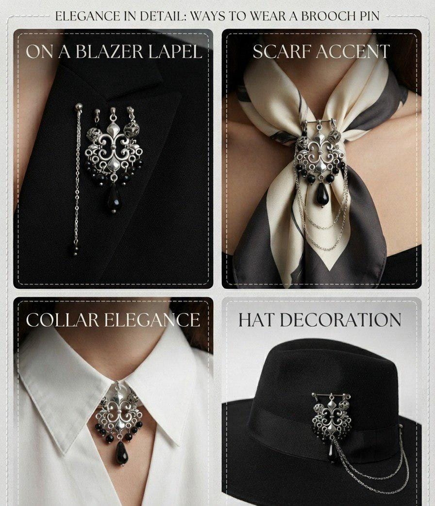Gothic Brooch with Black Beads, Statement Pin for Lapel or Pants, Victorian Style Jewelry, Dark Academia Accessory, Unique Gift for Her,Boho