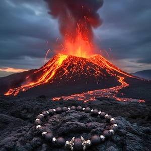 Può includere: Un braccialetto in pietra lavica nera con perline argentate e dettagli decorativi. Il braccialetto è esposto su uno sfondo di un vulcano in eruzione con lava che scorre e un cielo scuro e nuvoloso. Gioielli in pietra naturale.