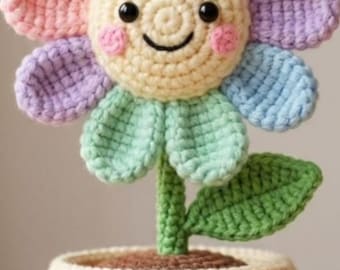 Patrón de ganchillo de flor sonriente arcoíris – Decoración de plantas amigurumi (PDF)
