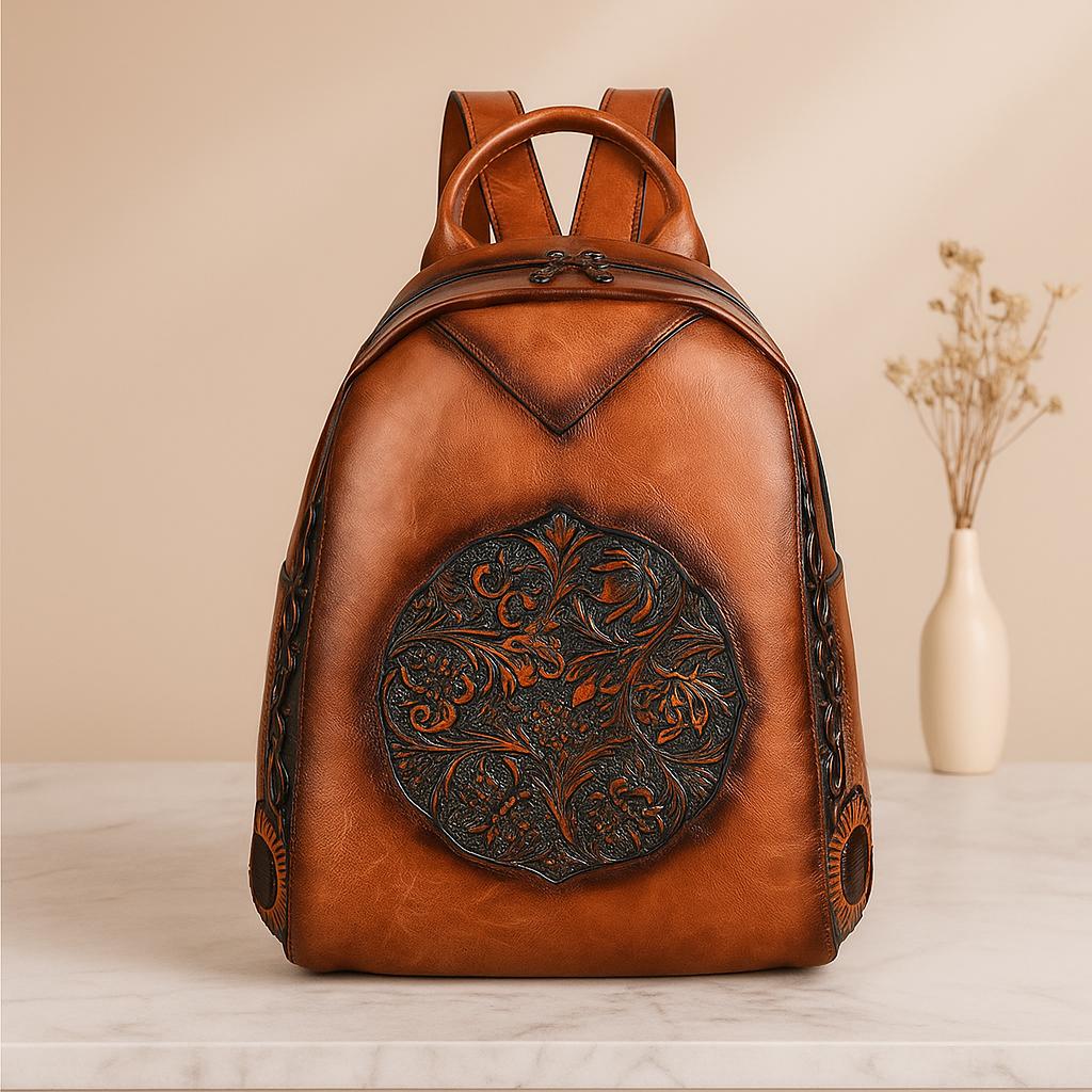 Leather Backpack for Women Purse Retro Embossed Leather Knapsack? Vintage-Embossed-Genuine-  main image 2