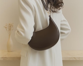 Black Leather Half Moon Bag: Handmade Real Leather Crescent Purse