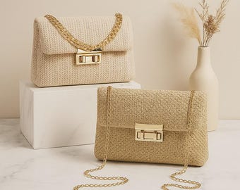 Elegante borsa a tracolla in paglia intrecciata - Borsa a tracolla e a mano multifunzionale per donna