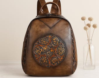 Vintage Embossed Leather Backpack for Women - Etsy display picture 1